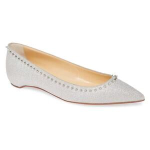 Christian Louboutin Anjalina Flat Silver Glitter Spike Pointed Ballerina 37.5